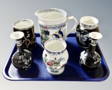 A tray containing six antique Maling and Cetam ware vases and jug.