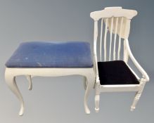 A painted child's armchair together with a stool on cabriole legs.