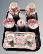 A tray containing eight pieces of Maling Peony Rose pattern ceramics.