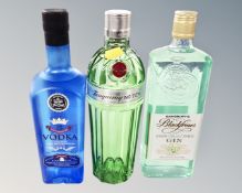 A bottle of Blackfriars gin, 70cl, Tanqueray No. Ten, 70cl and a bottle of single grain vodka 70cl.