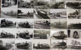 A collection of vintage photographs of locomotives, National Geographic magazines,