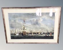 A large contemporary framed print depicting a Dutch naval battle, 118cm by 81cm.