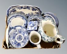 A box containing 19th century and later blue and white ceramics including Chinese scallop edged