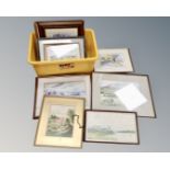A box containing assorted pictures and prints, framed watercolours, Ronald Moore print, etc.