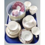 A tray containing teacups and saucers including boxed Wedgwood tea garden cup and saucer,