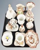 A tray containing assorted ceramics including Masons brown velvet, Royal Doulton figure Heather,
