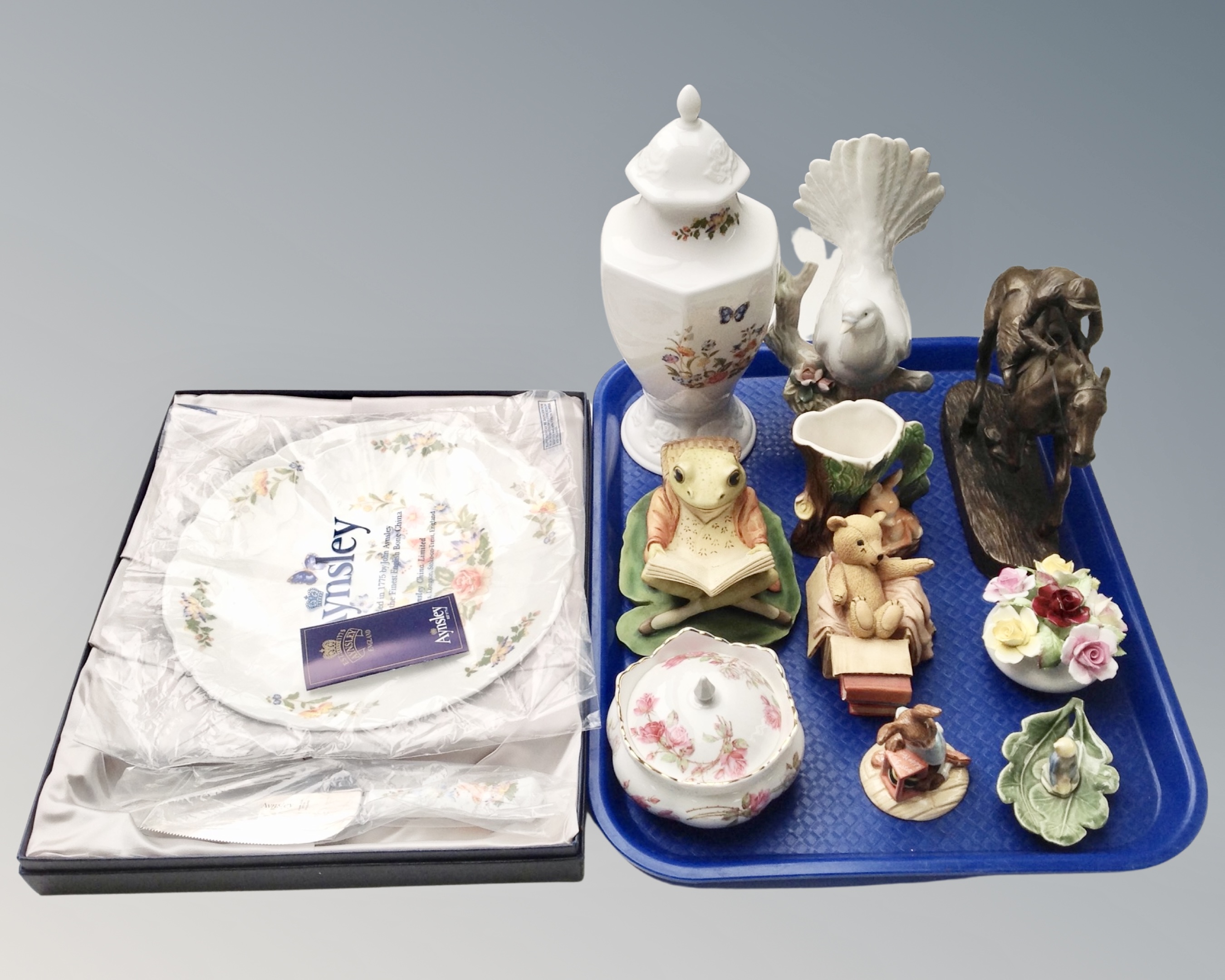 A tray containing assorted ceramics including Aynsley, Hornsea, Wade, Royal Doulton, Bunnykins,