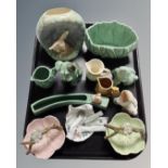 A tray containing Sylvac dog figures, miniature jugs, vases,