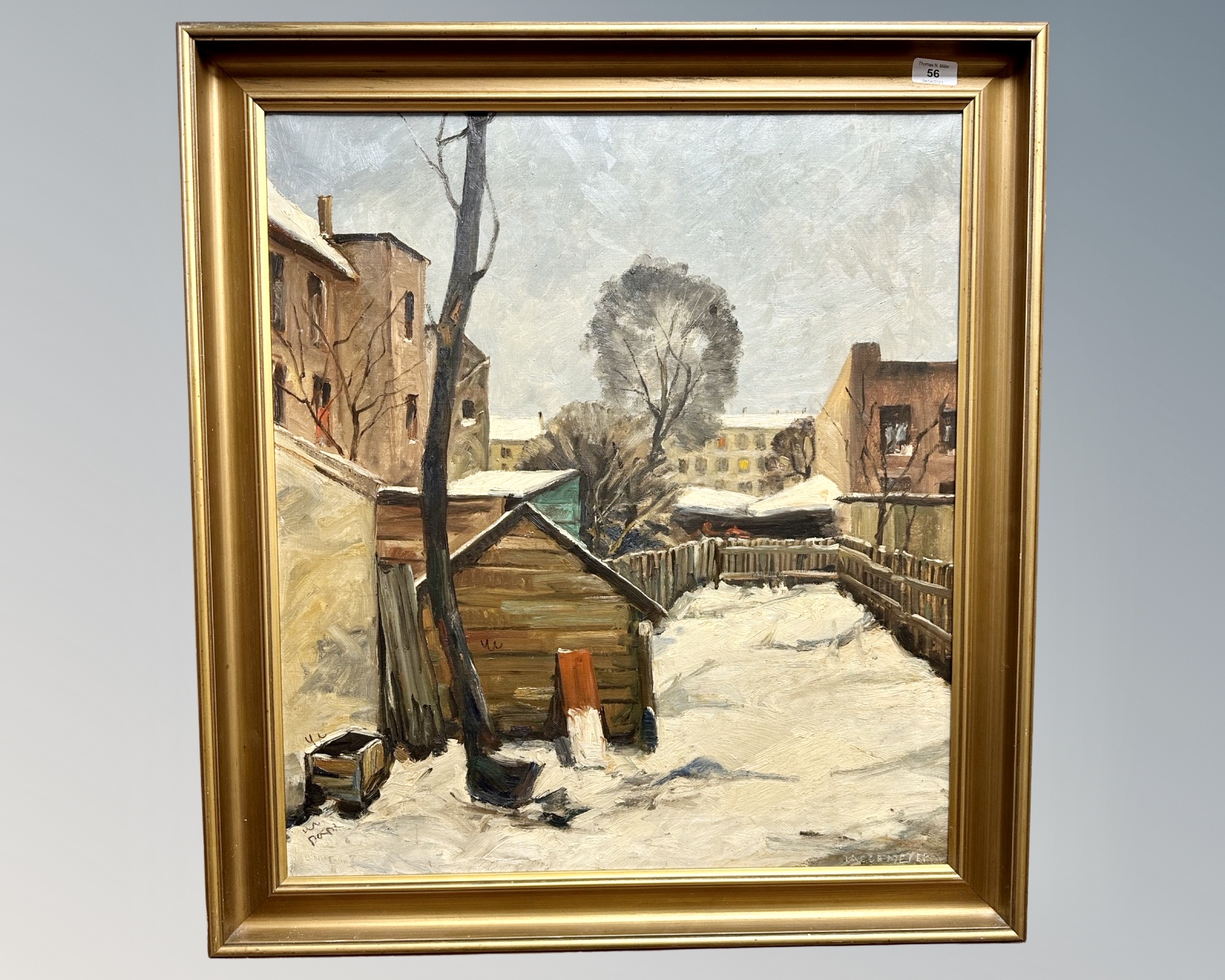 Jacob Meyer : Winter Landscape with Buildings, oil on canvas, signed, 66cm by 59cm, framed.