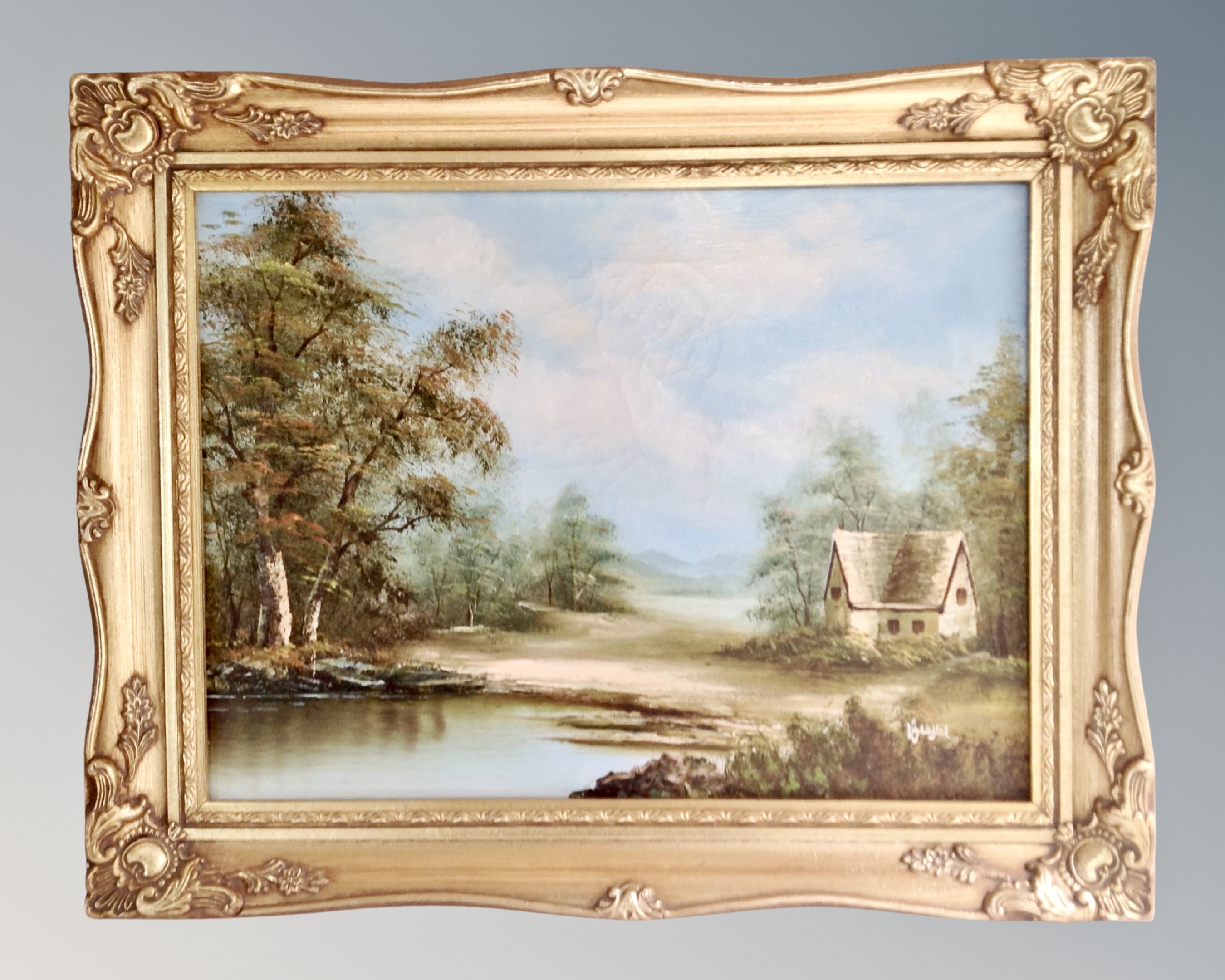 Contemporary school : Cottage by a river, oil on canvas, indistinctly signed, 39cm by 29cm.