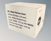 300 90 liter black refuse sacks, boxed.