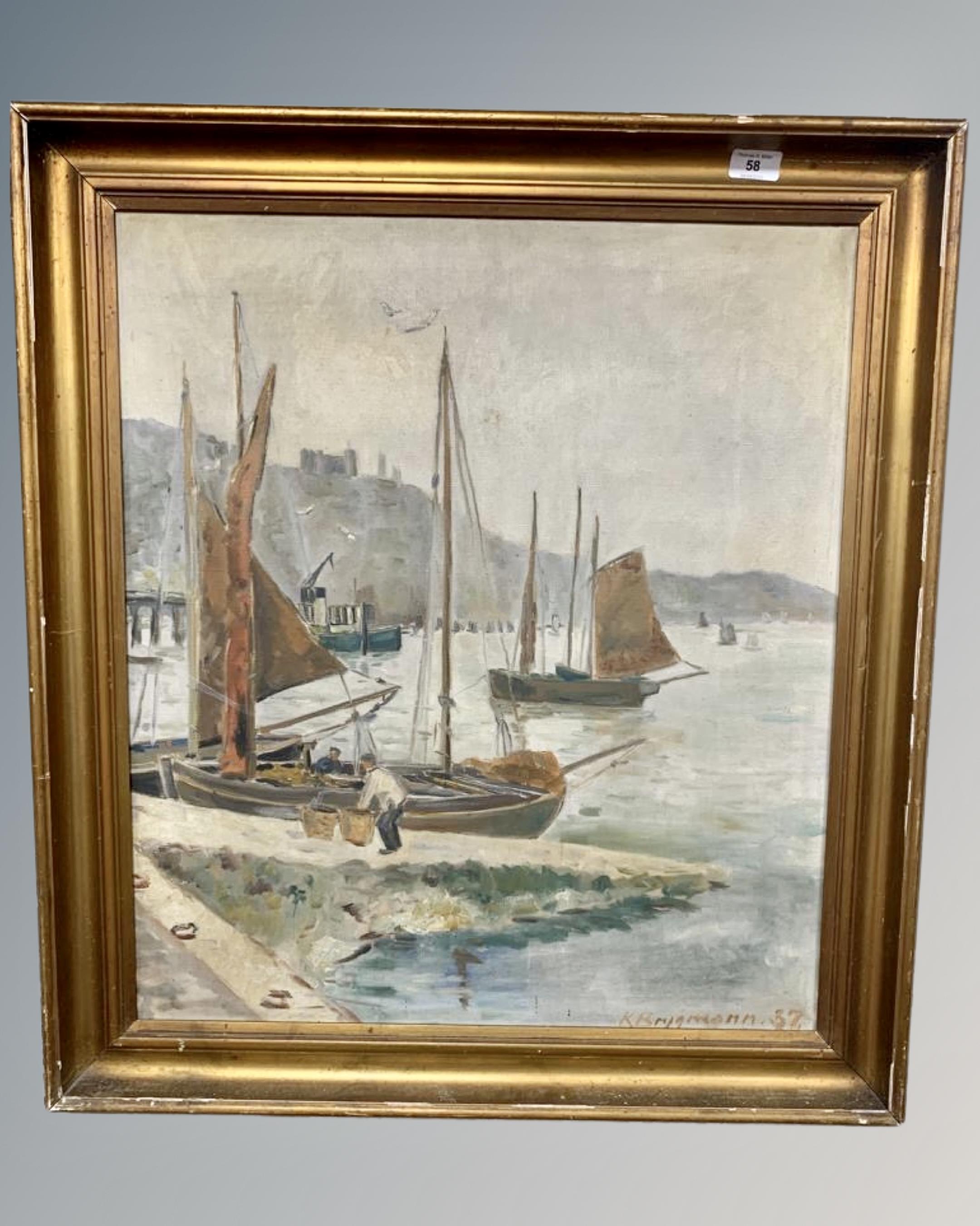 K. Brigmann : Unloading the day's catch, oil on canvas, signed and dated '37, 66cm by 57cm, framed.