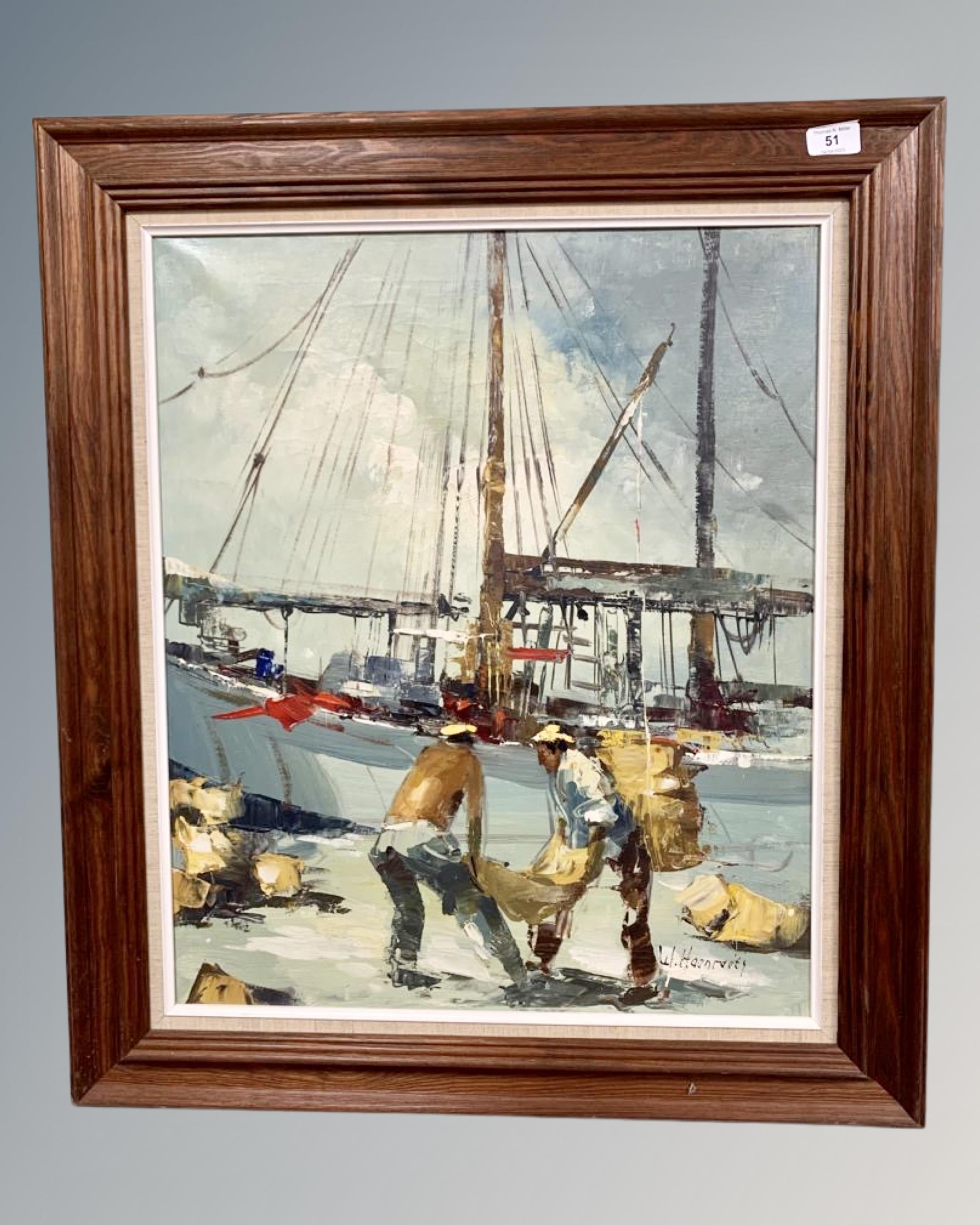 20th Century Danish School : Fishermen working on a quay with boat beyond, oil on canvas,