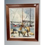 20th Century Danish School : Fishermen working on a quay with boat beyond, oil on canvas,
