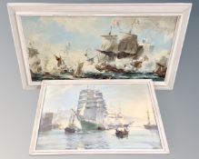 A print after Montague Dawson : Tall ships being towed into harbour, together with a print after L.