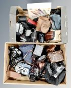 Two boxes containing vintage and later cameras including Praktica, Ricoh, Kodak etc.