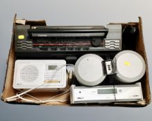 A box containing Musio DAB radio, JVC mini hifi system and a Toshiba radio cassette player.