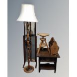 A beech wood standard lamp with shade together with a cheval mirror, a pine adjustable stool,