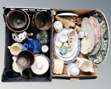 A box and a crate containing antique and later ceramics including meat plates, dinnerware,