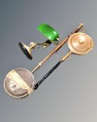 A brass banker's lamp with green glass shade, together with two antique bedwarming pans.