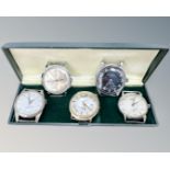 Five vintage gent's wristwatch faces to include Trinom, Timex, Buler, Domino and Roamer.