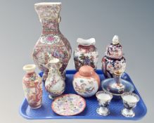 A tray containing assorted Oriental ceramics including Satsuma vase, cloisonne vase and bowl.
