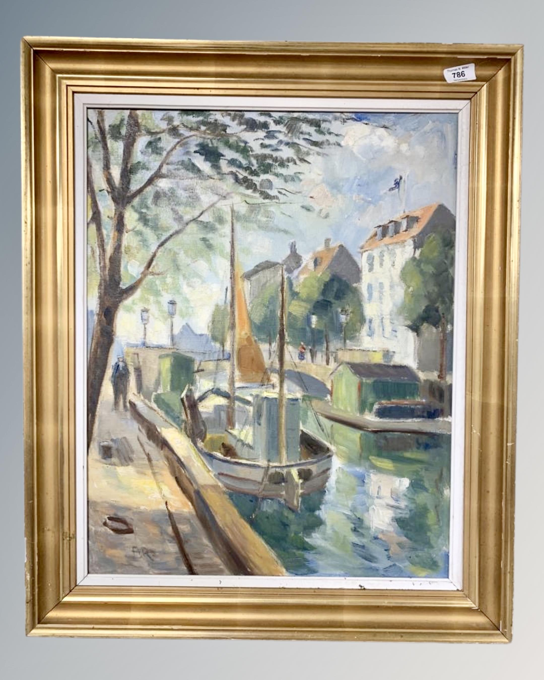 20th Century Danish School : Canal Barge in a Lock, oil on canvas, signed with initials 'A.R.