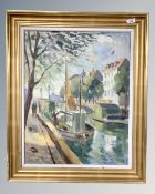 20th Century Danish School : Canal Barge in a Lock, oil on canvas, signed with initials 'A.R.