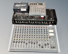 A Desc Tech 1202 mixing deck, together with a Spirit Notepad mixing desk, Lionforge P110 amplifier,