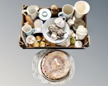 A box containing antique and later ceramics including meat plates tea ware, Minton Haddon hall bowl,