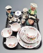 A tray containing assorted ceramics including Toby jugs, thimbles,