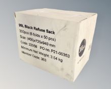 300 90 liter black refuse sacks, boxed.