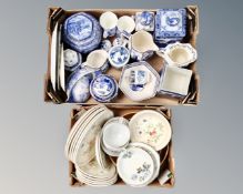 Two boxes containing blue and white Ringtons ceramics, Japanese tea ware, dinner plates etc.