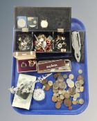 A tray containing antique and later coinage, Smiths stopwatch, Schafer pens, costume jewellery,