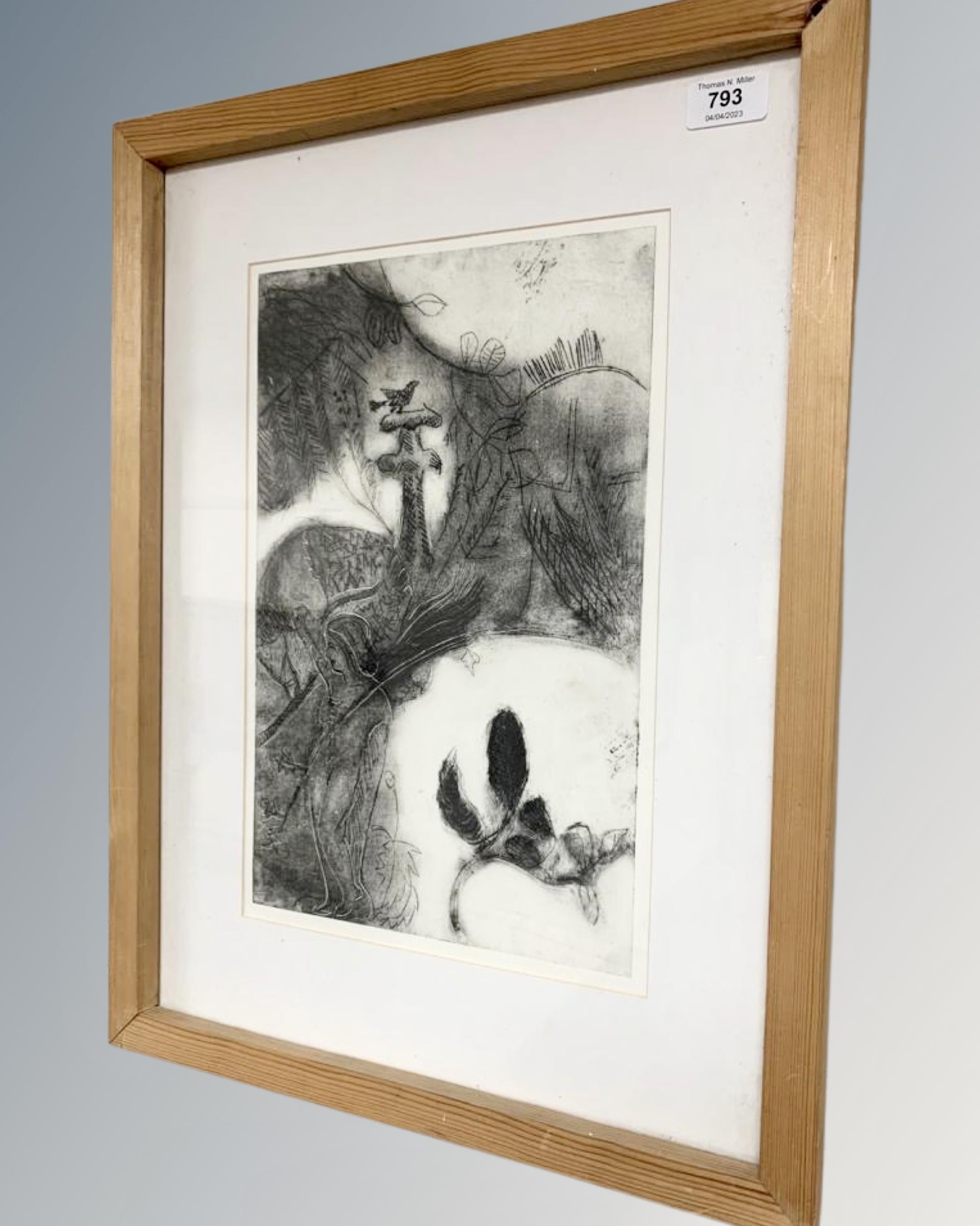 A drypoint etching depicting an abstract landscape, 25cm by 38cm.