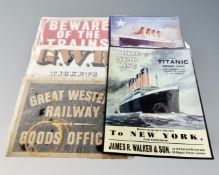 Six replica metal signs including White Star Line, G. W. R. Railway etc.