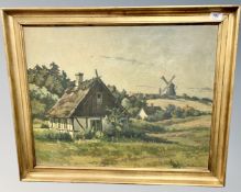 M. Kjölner : Country Dwelling with Windmill Beyond, oil on canvas, signed, 50cm by 63cm, framed.