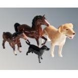 Three Beswick figures, a black Labrador, a horse (AF) and foal,