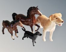 Three Beswick figures, a black Labrador, a horse (AF) and foal,