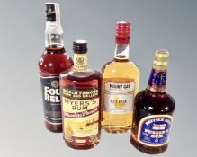 A bottle of Pusser's Rum, 70cl, Myer's Rum, 75cl, Four Bell's navy rum, 100cl,