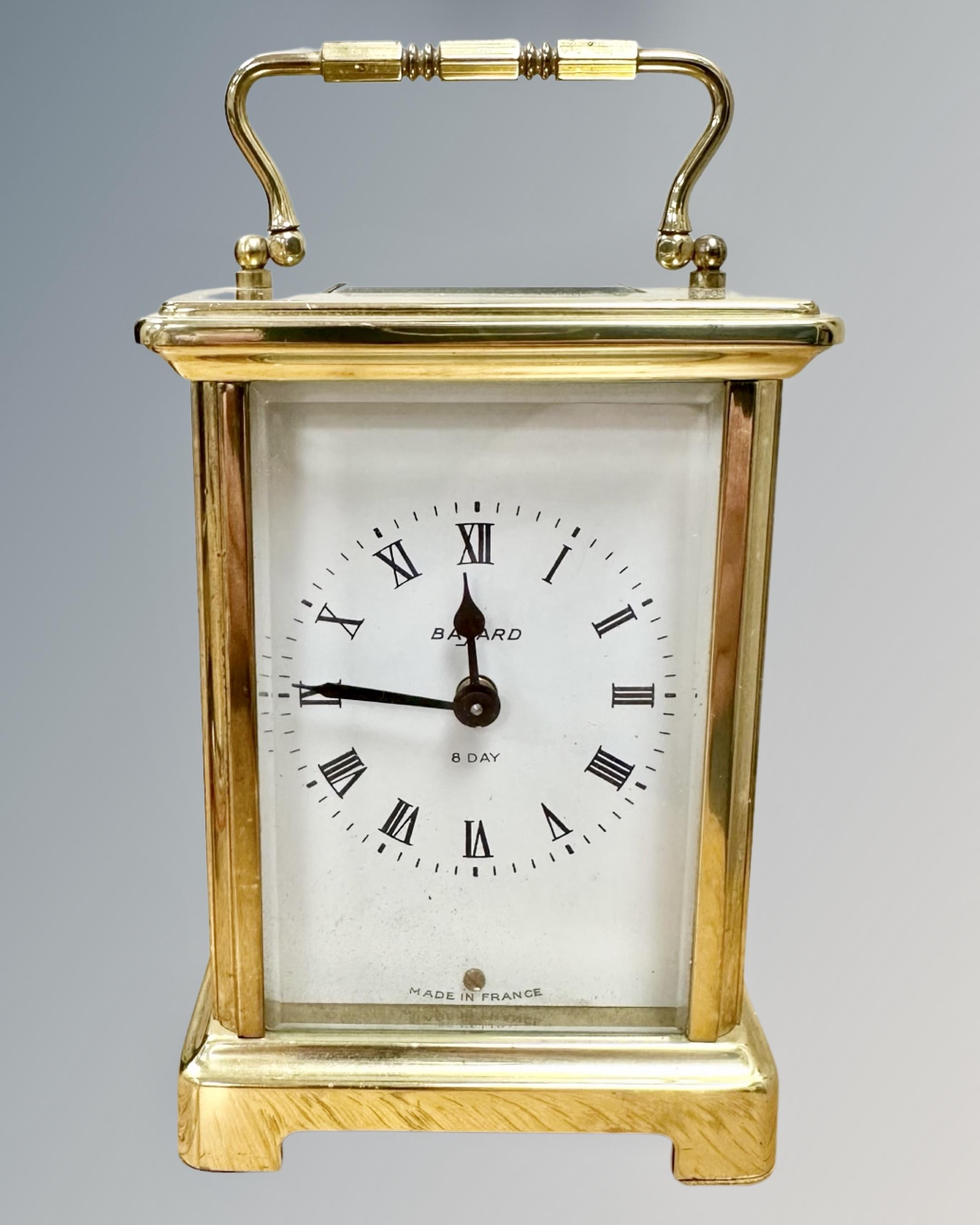 A French Bayard brass-cased eight day carriage clock, height 14cm overall.