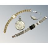 A chrome plated open face pocket watch and three lady's wristwatches signed Seiko, Berge and Medana.