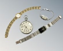 A chrome plated open face pocket watch and three lady's wristwatches signed Seiko, Berge and Medana.