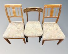 A 19th century walnut salon chair together with a pair of contemporary chairs.