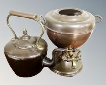 A Victorian copper and brass kettle together with a samovar (no lid)