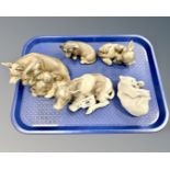 Five Royal Copenhagen animal figures - fox with cubs, two puppies, calf and polar bear.