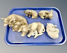 Five Royal Copenhagen animal figures - fox with cubs, two puppies, calf and polar bear.