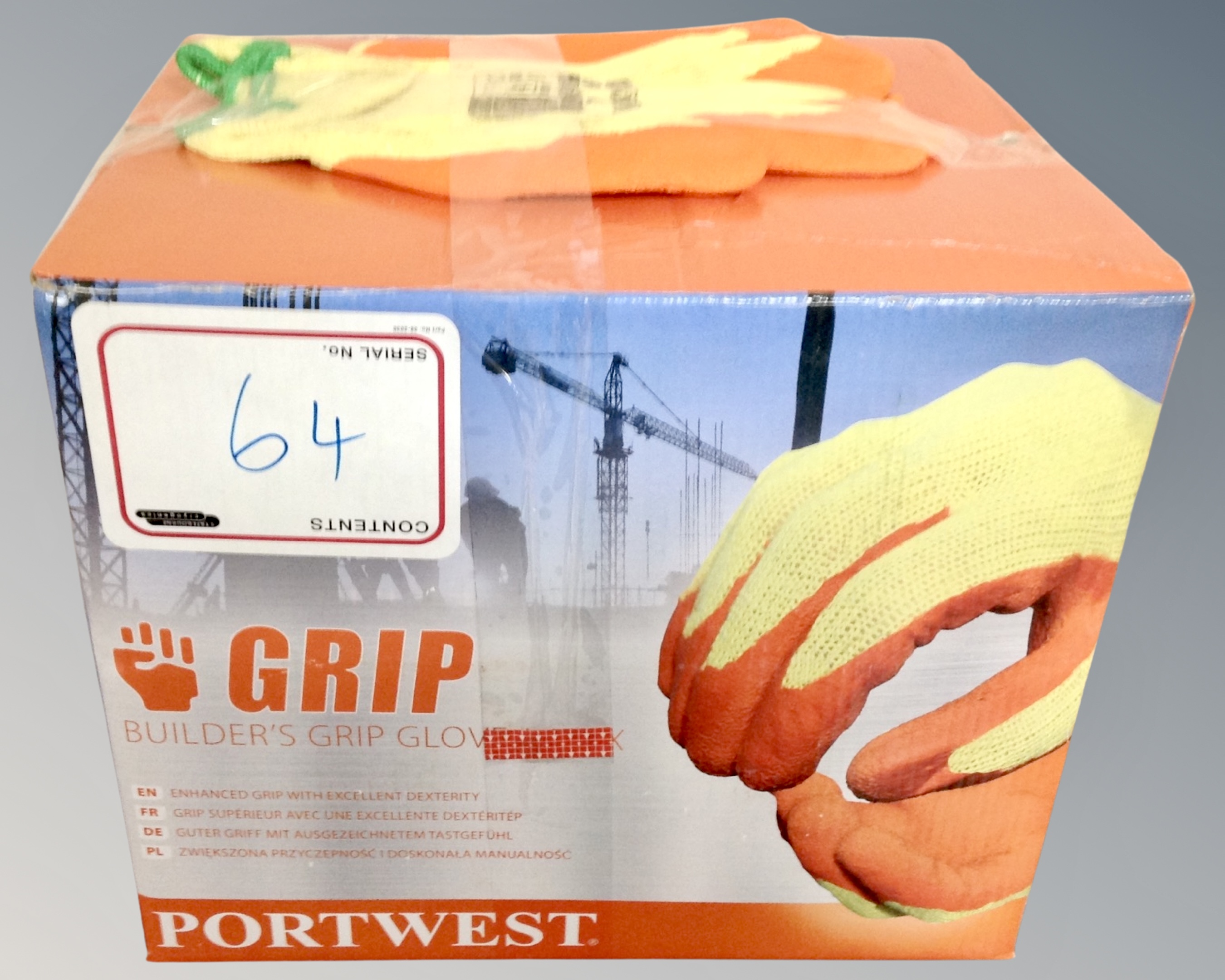 A box of Portwest grip builder's latex gloves,