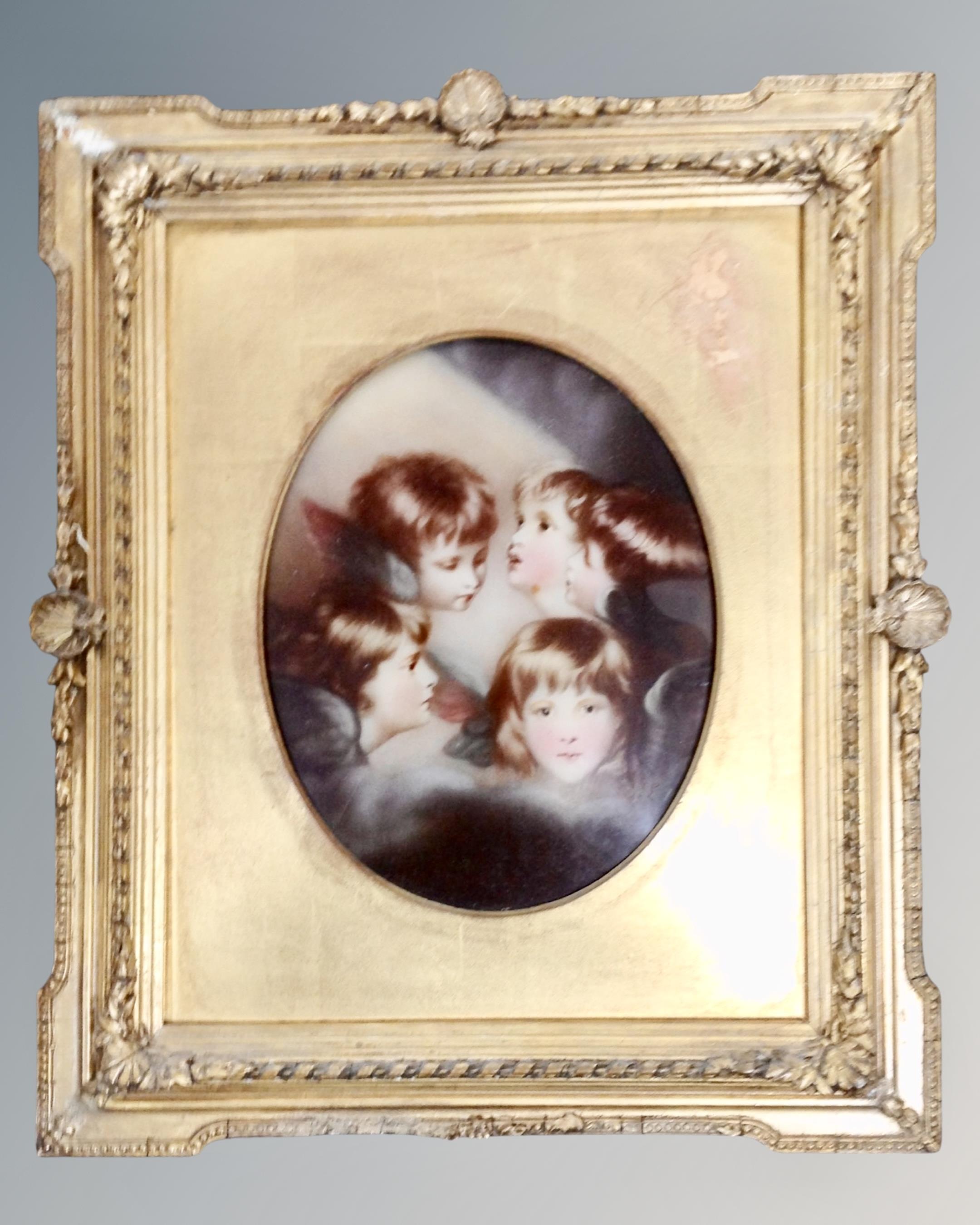 A Victorian oval crystoleum depicting five cherubs,