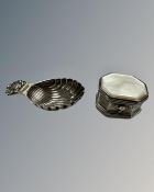 A silver mother of pearl box and a silver caddy spoon